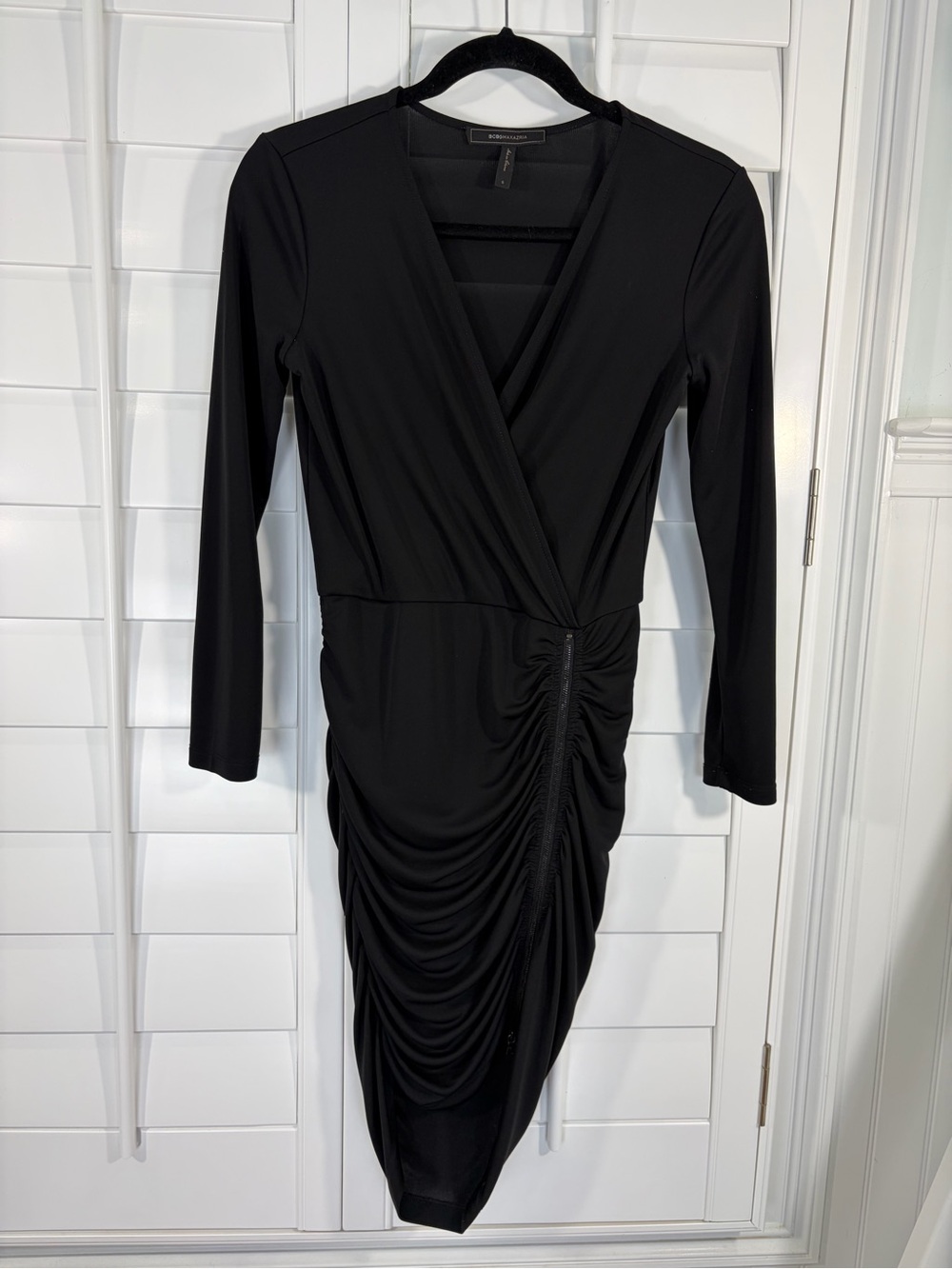 BCBGMaxAzria Dalton Black Ruched Zip-Front V-Neck Mini Dress (S) - Picture 2 of 8